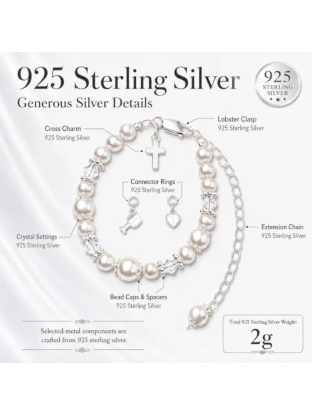 Sterling Silver Baptism Bracelet with Cultured Pearls & 3 Charms, Gift Boxed
